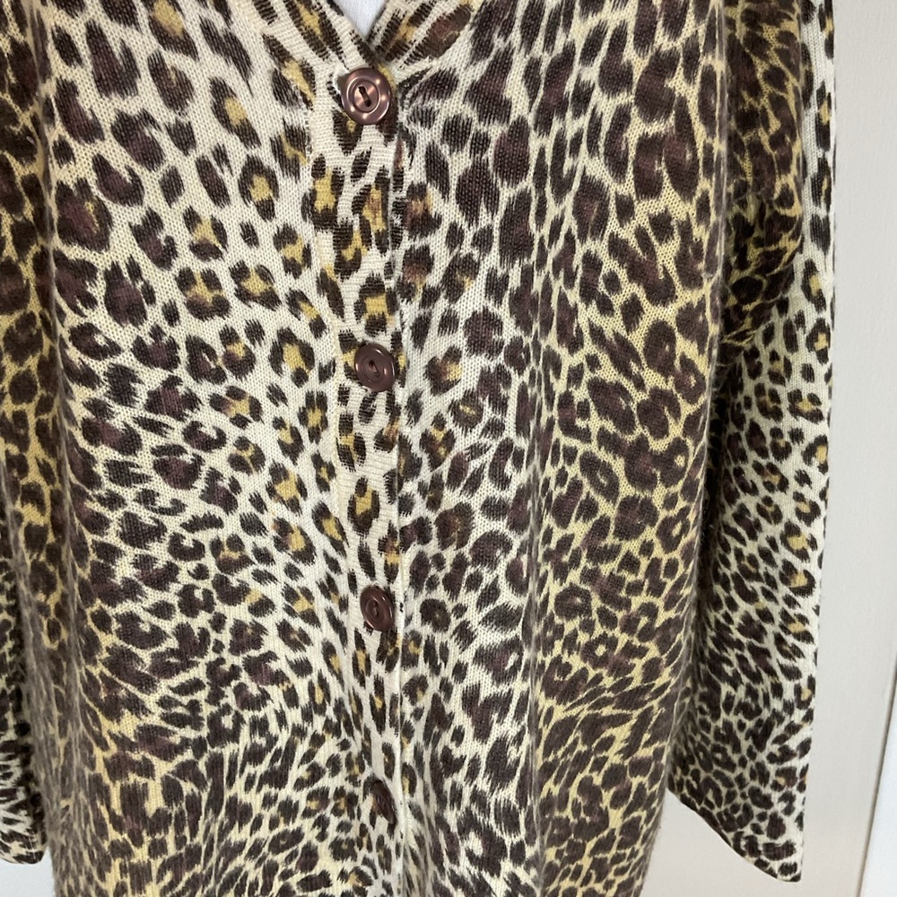 Precious Fibers 100% Cashmere Leopard Print Cardigan Sweater 1X Brown Tan Luxe - Picture 4 of 7